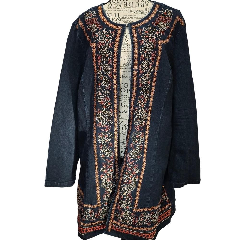 Jessica London Embroidered Women's 18W Boho Denim Jacket Open‎ Front Sleeve NWOT